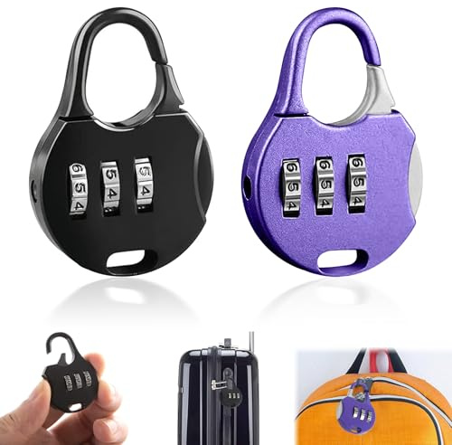 Kisstta 2 lucchetti a combinazione piccoli, con combinazione a 3 cifre, mini lucchetti per bagagli, zaini e scatole (nero/viola)