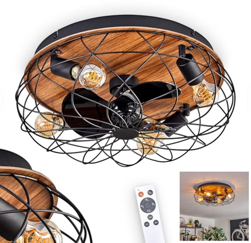 HOFSTEIN LED Deckenventilator Tourais, Ventilator aus Metall/MDF in Schwarz/Holzoptik, Deckenleuchte im Retro/Vintage-Design in Gitter-Optik, Lichteffekt, Fernbedienung, Büro, Schlafzimmer, Esszimmer