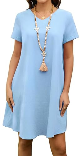 Enmain Vestidos de Lino Mujer Azul Verano Casual Midi Vestido Verano Manga Corta y Pico Playa con Bolsillos sin Accesorios XL