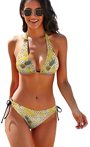 Lsjuee Bikini-Sets mit tropischem Bananen-Kiefern-Muster, Zweiteiliger Badeanzug für Frauen, sexy Neckholder-Badeanzug
