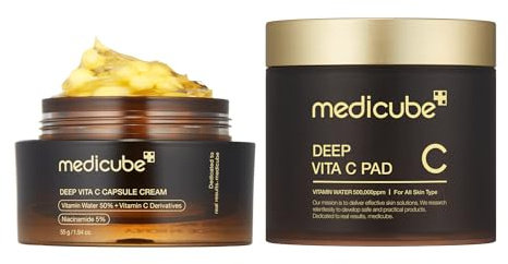 medicube Routine Éclat Vitamine C: Vita C Intense Pads (70 Pads) & Crème Capsules Vitamine C intense- 55ml | Fermeté & Rebond | Éclat doré | Idée Cadeau Femme