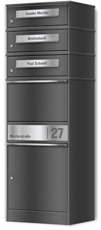 Metzler Paketbox mit 3 Briefkästen – 3er Briefkasten mit Paketfach & Namensgravur, Personalisierte Blenden aus Edelstahl – Outdoor Paketbriefkasten draussen XXL – DB 703 Eisenglimmer - Modell Bispo