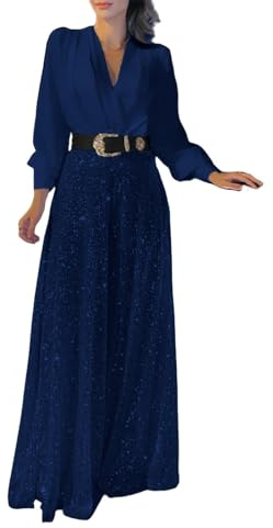 Jumpsuit Damen Elegant Für Hochzeit Plissee - Overall Mit Gürtel Glitzer Pailletten Onesie Langarm Weites Bein Hosenanzug V-Ausschnitt Jumpsuits Business Freizeitanzug Taille Abendkleider
