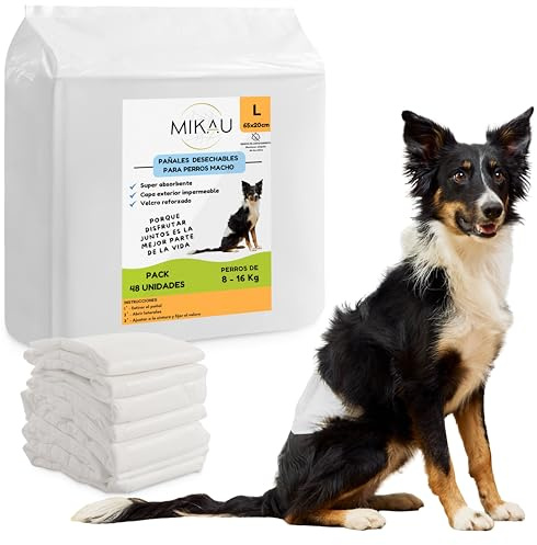 MIKAU Pañales para Perros (Pack de 48) - Pañales Perro Macho Ultra Absorbentes, Ajuste Antifugas, Cómodos y Resistentes, Fácil Colocación. Rollo de Bolsas de Caca Incluido (Talla L)