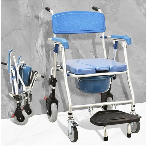 Duschstuhl mit Rollen,Toilettenstuhl Faltbar für Senioren, Höhenverstellbar mit abnehmbarem Eimer und Fußstützen, Tragfähigkeit 150kg Gesamthöhe des Produkts 90cm für ältere Menschen