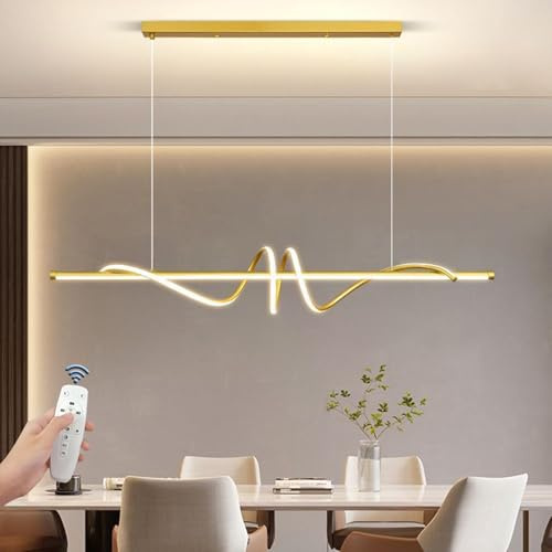 Modern LED Pendelleuchte Esstisch, 100CM 40W Gold Lineares Esszimmer Pendelleuchten mit Fernbedienung, Dimmable 3 Color Temperature,with 200CM Adjustable Cords for Dining Room (Gold-A, 100cm)