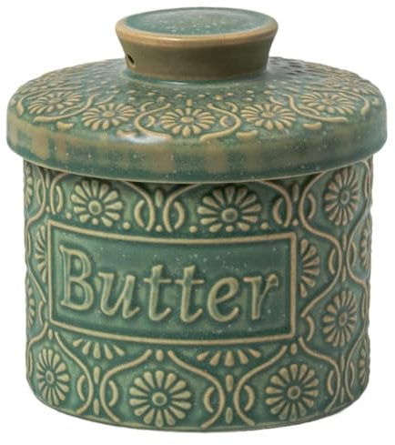 Butter Crock with Water Line,French Butter Dish with lid,Ceramic Butter Keeper for Counter,Spreadable Soft Butter (Green, M)