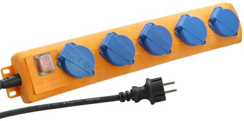 BRENNENSTUHL IP44 Steckdosenleiste, 5-Fach, mit Schalter und Klappdeckel, 3m Gummikabel 3x1,5mm², 16A/230V~, gelb/blau