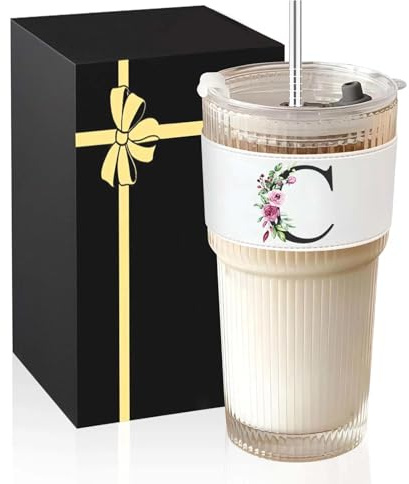 A-Z Initial Iced Coffee Glass Cups - Personalised Birthday Gifts for Women, Ice Coffee Glass Cup with Lids and Straws - Ideal Glasses Tumbler Gift for Friend, Sister, Mum,Wife, Colleagues, Initial C