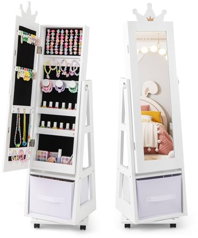 COSTWAY Kinder Schmuckschrank, 3 in 1 Spiegelschrank neigbar mit Ganzkörperspiegel & Aufbewahrungskorb, Schmuck-Organizer in Kronenform für Kinder ab 3 Jahren (Weiß)