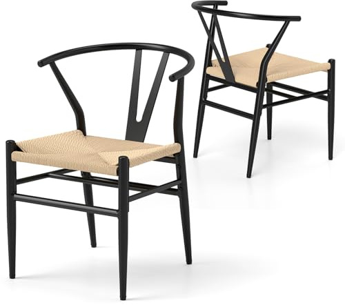 COSTWAY 2 er Set Esszimmerstühle, Küchenstühle stapelbar, Y Chair mit Metallrahmen,Sitzfläche aus Rattan, Akzentstühle bis zu 150 kg Belastbar, Freizeitsühle für Esszimmer Küche Büro (Beige)