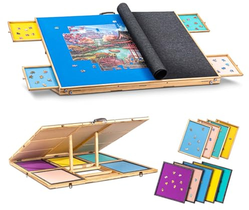 Tektalk Puzzlebrett mit 4 Sortierschubladen und 5 Filzschalen, Puzzletisch mit Abdeckung und Griff, zur Aufbewahrung von 2000, 1500, 1000, 500 Teile Puzzles