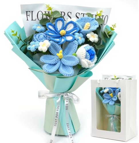 AIGOCITY Crochet Flower Bouquet,Handmade Knitted Artificial Flowers Blue | Knitting Crafts Rose Never Wilt for Home Decor Anniversary Weddings Birthdays Mother's Day with Gift Bag and Greeting Card