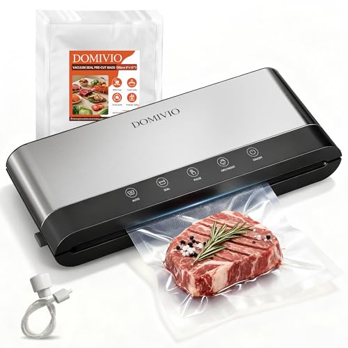 DOMIVIO vakuumförpackare för livsmedel, 7-i-1 multifunktionell vakuumförpackare i rostfritt stål, automatisk vakuummaskin med LED-display för sous-vide, inkl. 20 vakuumpåsar