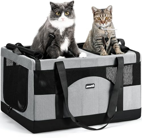 Pecute Katzentransportbox Groß Faltbar Transporttasche 2 Katzen, Grau | Abnehmbare Trennwand, Verstärkter 5mm Stahlrahmen, Atmungsaktives Mesh , Faltbar bis 12 kg, Ideal für Auto & Tierarztbesuche
