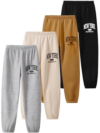 Jolyshlid Girls Sweatpants 4 Piece Letter Printing High Waisted Joggers Athletics Pants 11-12Y