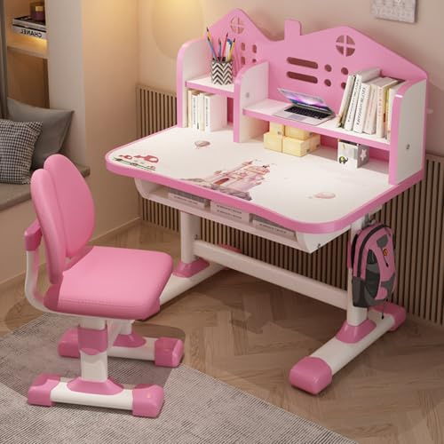 diowewea Bureau pour Enfant, Bureau et Chaise Enfant Réglable en Hauteur avec Grand Tiroir, Set de Table d'étude Fille et Garçon 3 à 10 Ans, Cartoon Ergonomique pour Posture Saine Rose Taille uni
