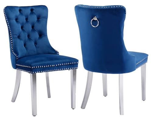 Shenyon Blaue Samt-Esszimmerstühle 2er Set, silberfarbene Edelstahlbeine | Mid Century Modern Stil; Rückenlehne mit Knopfheftung; Ziernägel; dekorativer Ringgriff; bequeme Polsterung; einfache Montage