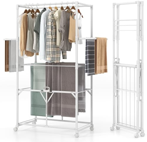 GIANTEX Stendibiancheria verticale pieghevole con ruote, barre da appendere, 2 ali pieghevoli e ripiano rimovibile, stendibiancheria portatile per interni ed esterni, 94 x 49 x 174 cm, bianco