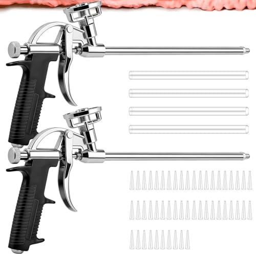 2 stycken PU-skumpistoler, professionell metallbyggskumpistolsats med 54 munstycken (4 långa + 50 kort) | PU-skumpistol för tätning, fyllning och montering för gör-det-självare och proffs