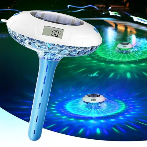 Luz solar para piscina con doble pantalla LCD, termómetro flotante para piscina de fácil lectura, 8 efectos de iluminación dinámicos, termómetro digital impermeable IPX7
