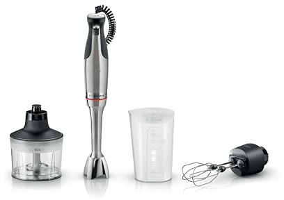 Bosch - Batidora de mano, serie ErgoMaster 8, motor de 1500 vatios, ajuste intuitivo de la velocidad, cuchilla de 6 hojas, accesorios incluidos, acero inoxidable, MSM8M934