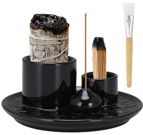 Keramisk rökelseskål för rökelse, svart rökelsehållare med borste rökelsekärl set för varje rökelse Palo Santo Holder, saga brännare, heminredning ljushållare meditation och yoga