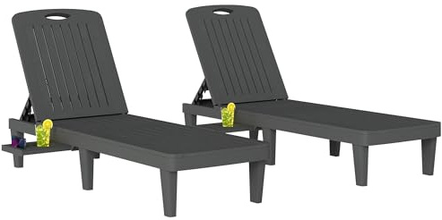 Outsunny Pack de 2 Tumbonas de Jardín Exterior, Tumbonas Reclinables de Plástico PP con Bandeja Lateral, Respaldo Ajustable de 5 Niveles, Resistentes a la Intemperie, para Playa, Piscina, Gris