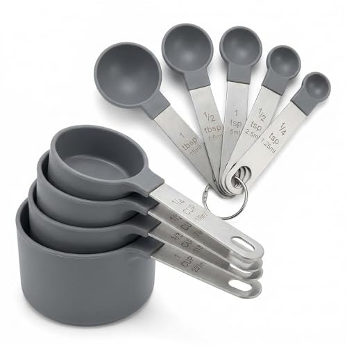 10PCS Measuring Spoons Set with Measuring Cups, Stainless Steel, Engraved US & Metric, Stackable, Dishwasher Safe Baking Accessories