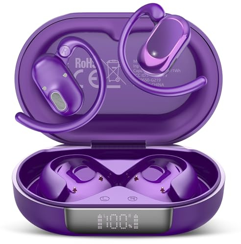 Open Ear Headphones, Hi-Fi Stereo Running Earphones with Adjustable Ear Hooks, IPX7 Waterproof Bone Conduction Earbuds With ENC Mics, Ultra-Comfort, LED Lights, 36H Playtime Sports Headphones for Gym