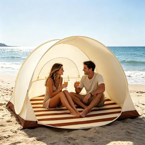 Refugio de playa desplegable para 3-4 personas, 130 x 110 cm, concha de playa pop up, portátil, protección automática contra el viento, tienda de campaña para familia, camping, jardín, playas (beige)