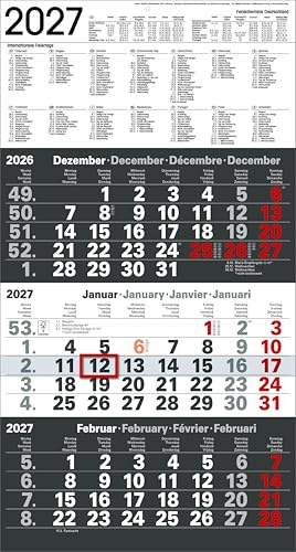 Bürokalender 2027 Kontrast 3-Monatskalender groß Wandkalender Anthrazit mit Datumsschieber (ANTHRAZIT)