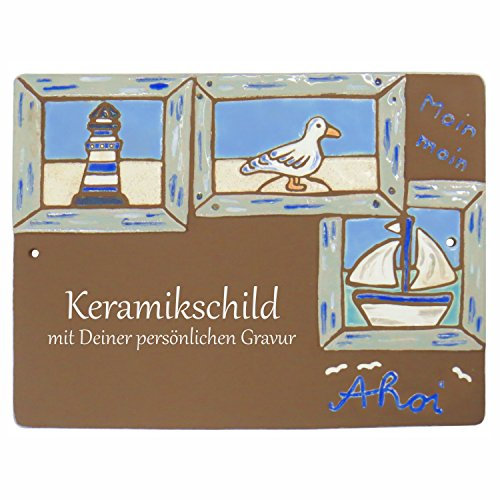 Handarbeit aus Schleswig-Holstein Keramikschild 22,0 x 16,5 cm Motiv Fenster zum Strand (braun)