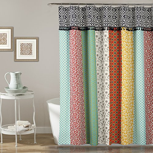 Lush Decor Cortina de Ducha con Parches Bohemios, diseño de Rayas Verticales con borlas, 72 x 72 Pulgadas, Multicolor