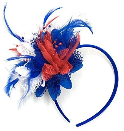 Caprilite Haarreif mit Federn, Union Jack, königsblau, weiß und rot, Blume, Haarreif, königliche Hochzeit, Party, Ascot Races