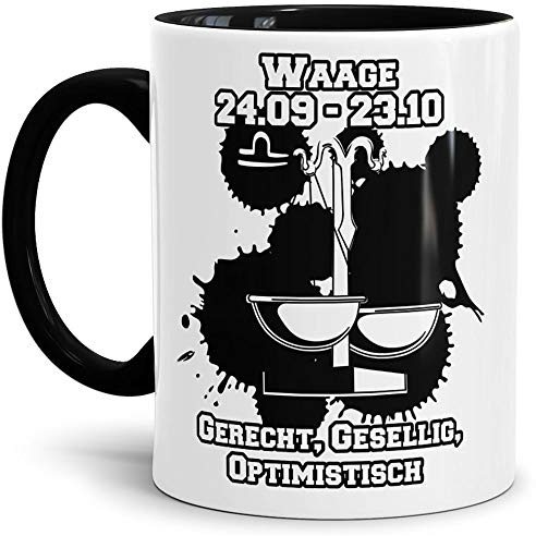 Sternzeichen-Tasse Waage - Innen & Henkel Schwarz - Geburtstag/Astronomie/Sternen-bilder/mit Spruch/Witzig/Kaffeetasse/Mug/Cup - Qualität Made in Germany