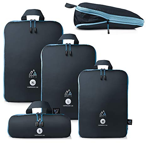 MNT10 Packtaschen mit Kompression S, M, L, XL I Blau I Packwürfel mit Schlaufe als Koffer-Organizer I leichte Kompressionsbeutel für den Rucksack (1x 4er Set)