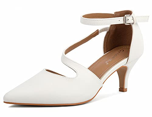 Greatonu Womens Court Shoes Pointed Toe Kitten Mid Low Heel Sandals Ladies Ankle Strap Pumps