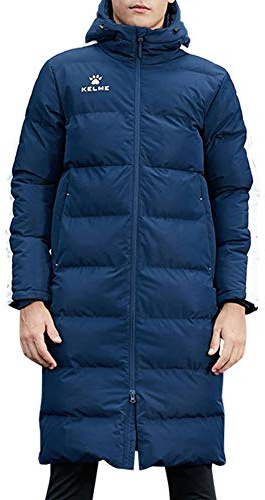 KELME Men's Long Parka Winter Coats, Windproof Hooded Soccer Training Jacket, Stadium Outdoor Cold Weather Warm Outerwear Blue Large