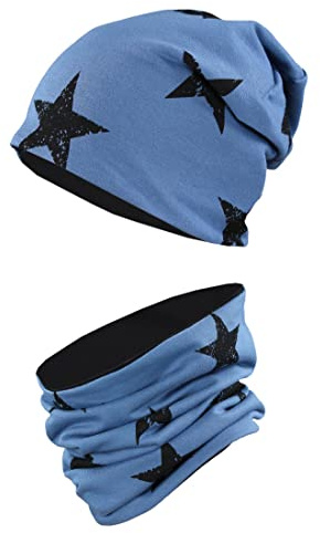 TupTam Mütze Kinder & Schlauchschal Set – Beanie Kinder für Herbst & Winter, Warme Mütze Jungen & Mädchen Oeko-TEX, Farbe: Sterne Schwarz/Jeans, Größe: 52-54
