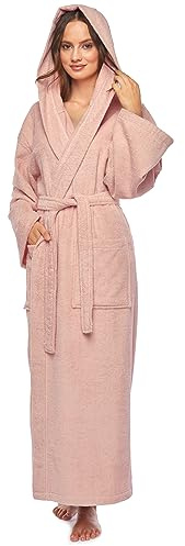 Arus Peignoir de bain pour femmes avec capuchon, longueur cheville, Vieux rose, S-M long