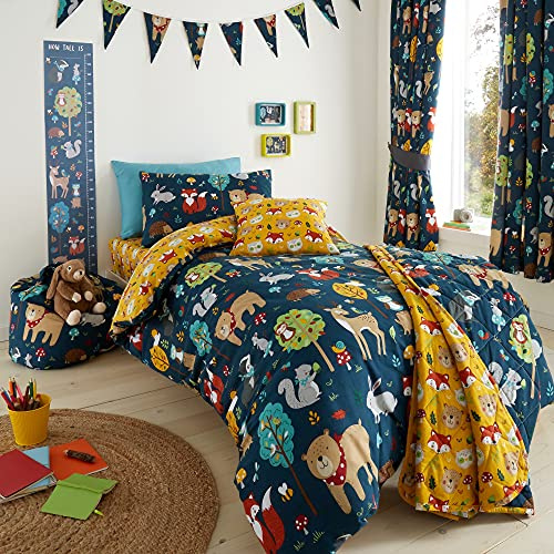 Happy Linen Company flickor pojkar barn skog vänner djur marinblå enkel vändbart påslakan sängkläder set