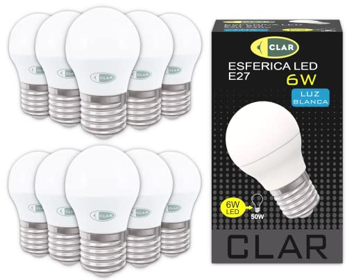 CLAR - Bombilla LED E27 Pequeña 6W E27, Equivalente a 40-50W E27 Bombilla LED (Casquillo Gordo), No Regulable, 6W Luz Neutra 4000ºK (Pack 10)