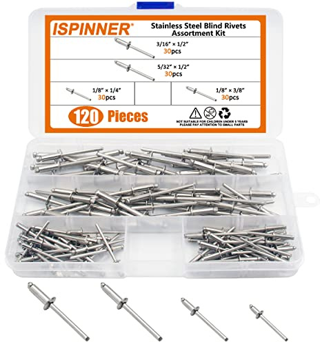 ISPINNER 120pcs 304 Stainless Steel Blind Rivets, Pop Rivets Assortment Kit