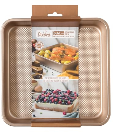 Decora, 0070102 Stampo Gold Line Quadrato 24,5 x 24,5 x 5,5 cm, Ideale per preparazioni dolci o salate, In Robusto Metallo Antiaderente
