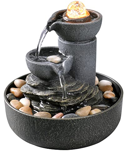 Evisso Zimmerbrunnen 2-stufiger Wasserbrunnen Meditation Dekorativer Wasserfallbrunnen mit LED/Kopfsteinpflaster/Glasrollenkugel Beruhigende Geräusche für Büro und Zuhause (21098)