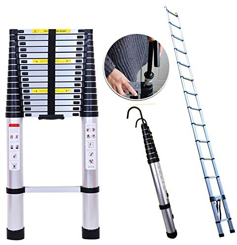 Teleskopleiter 6,2m Mehrzweckleiter Alu-Klappleiter mit 2 Haken, zusammengeklappt 109cm einfach zu verstauen, 150kg belastbar, tragbare Verlängerungsleiter platzsparend, EN131