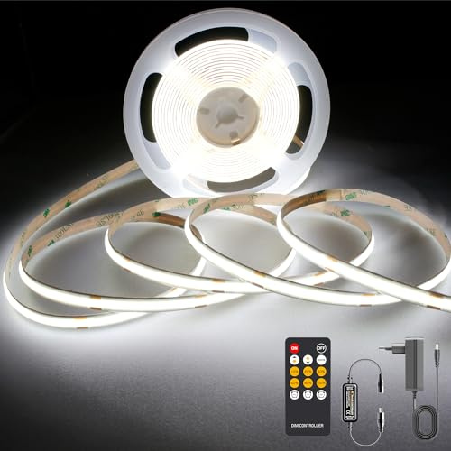 AXMOTUT COB LED Streifen 5m, LED Strip Kaltweiß 6000K, LED Lichtband 24V 320LEDs/M, Dimmbar Led Streifen 5m mit RF Fernbedienung und Netzteil, CRI90 für Zuhause Partei deko, DIY Dekoration