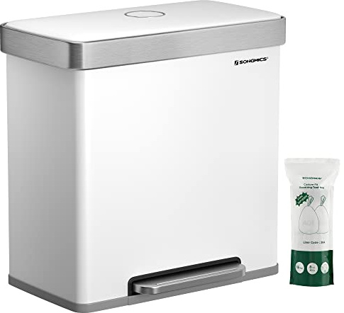 SONGMICS Papelera de cocina, 2 x 30L papelera de pedal de acero inoxidable con 15 bolsas de basura LTB202W01