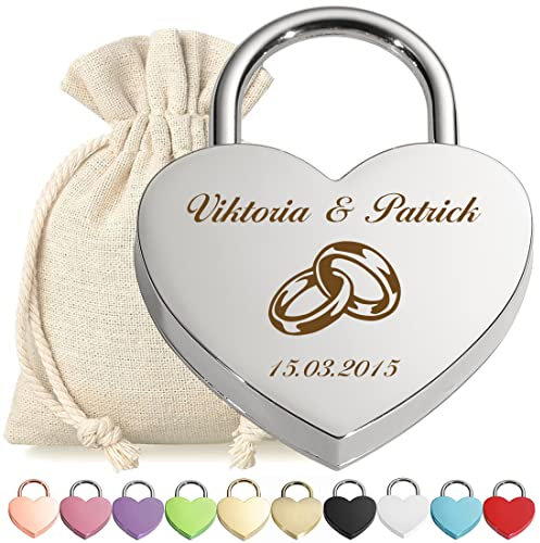 polar-effekt Herz Liebesschloss Silber mit personalisierter Gravur und Schlüssel - Motiv Ringe ineinander - Vorhängeschloss - Stoff-Geschenkbeutel - Jahrestag, Paar, Pärchen